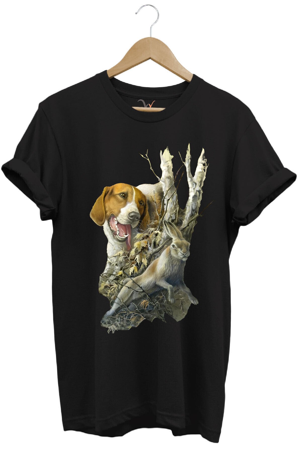 Avcılık Avcı Köpeği Ve Tavşan Baskılı Orman Temalı Pamuk Regular Fit Siyah T-shirt