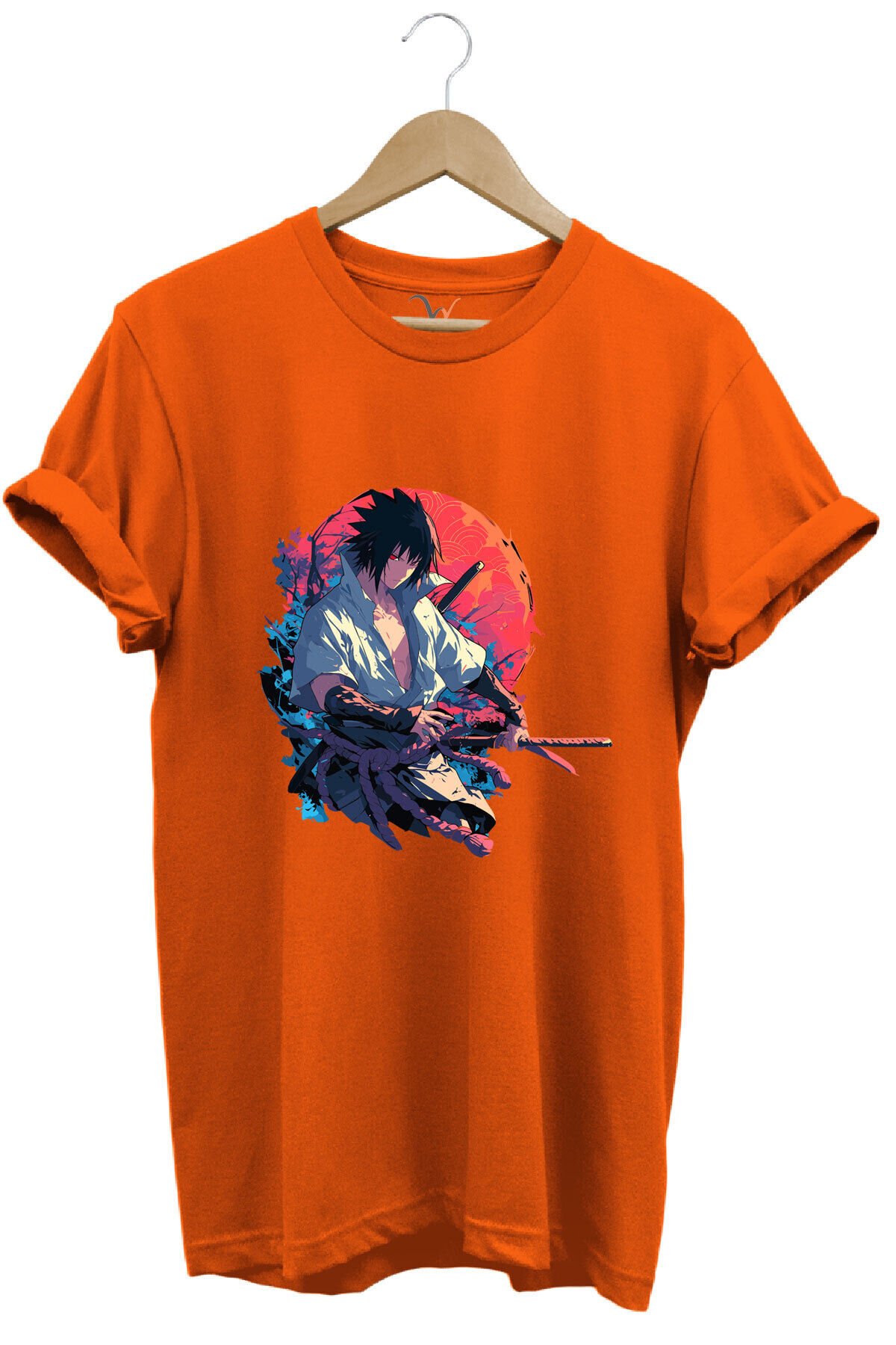 Unisex Anime Mangası Streetwear Baskılı Şık Tasarımlı %100 Pamuk Bisiklet Yaka Lacivert T-shirt Turuncu - XL
