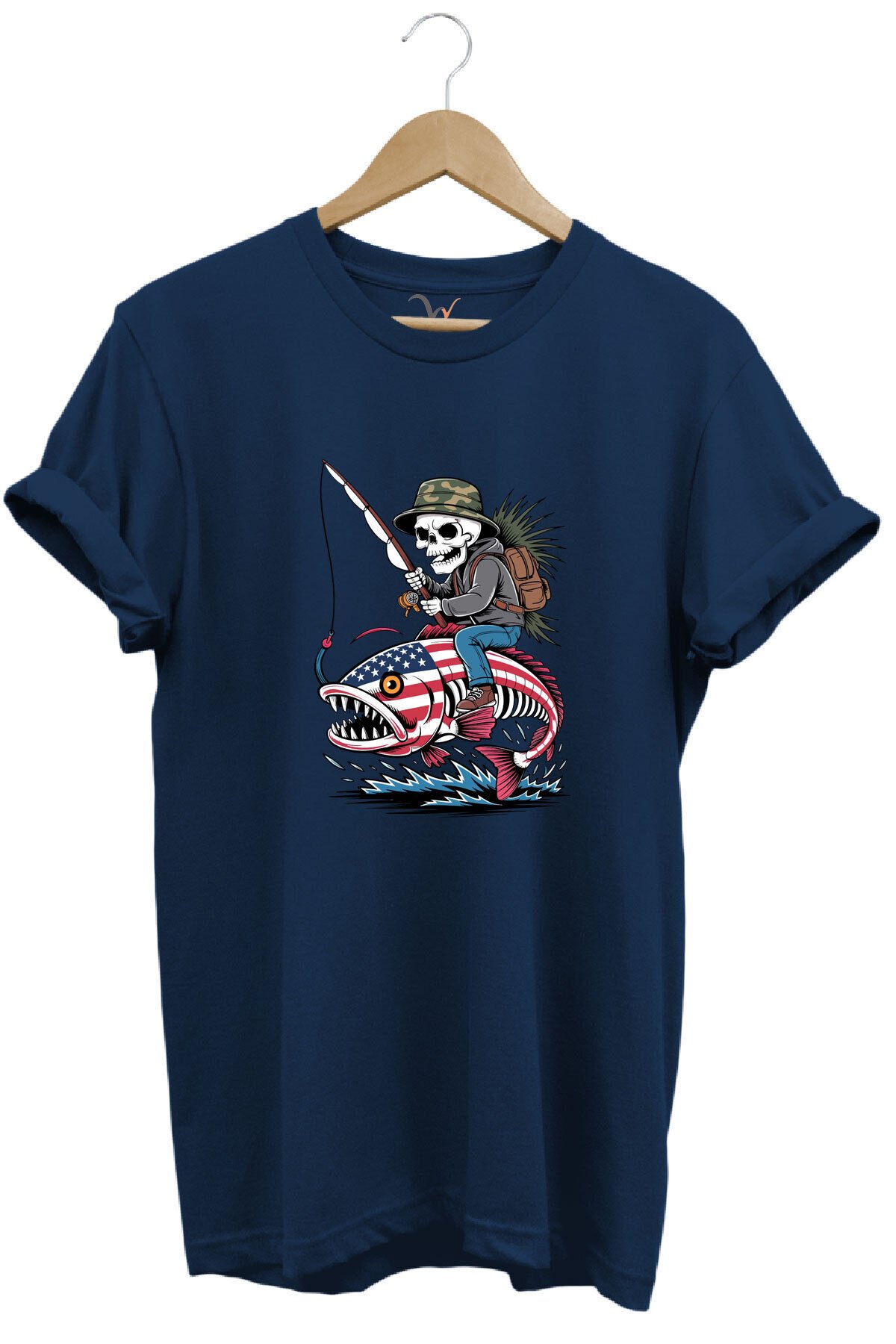 Fishing Balıkçılık Pirana ve İskelet Tasarım Baskılı %100 Pamuk Regular Fit T-Shirt Lacivert - L