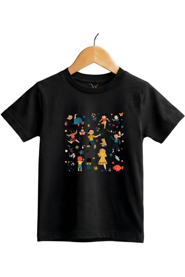 Eğlenceli Çocuk İllüstrasyonlu Regular Fit %100 Pamuk Kısa Kollu Çocuk T-shirt Siyah - 11-12 Yaş