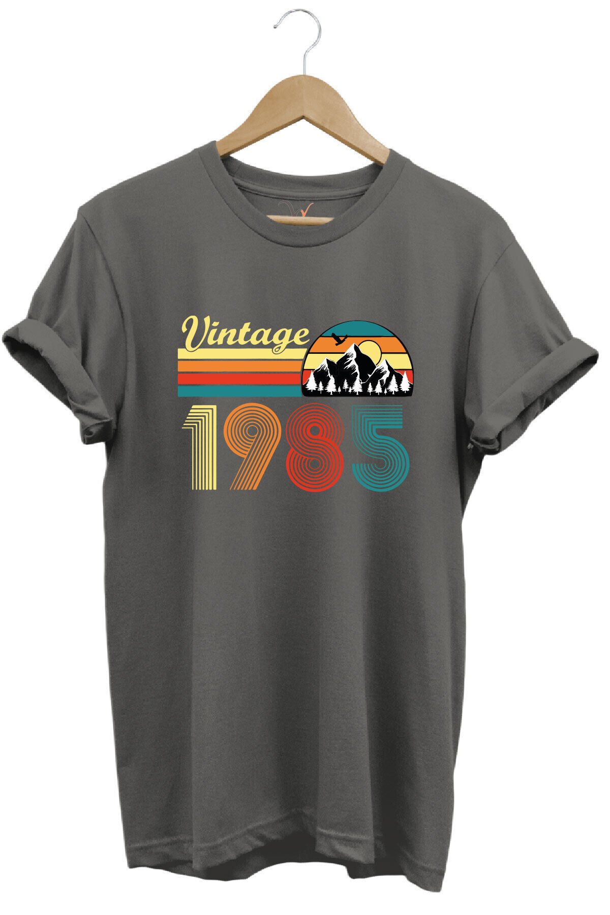 Retro Vintage 1985 Doğa Temalı Renkli Baskılı %100 Pamuk Unisex Regular Fit T-Shirt Antrasit Gri - XL