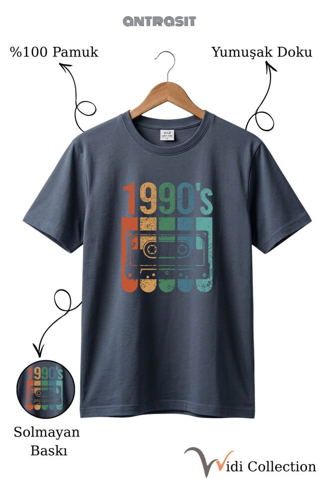 Vintage Retro 1990's Baskılı Kaset %100 Pamuk Regular Fit Bisiklet Yaka T-shirt Gri - M
