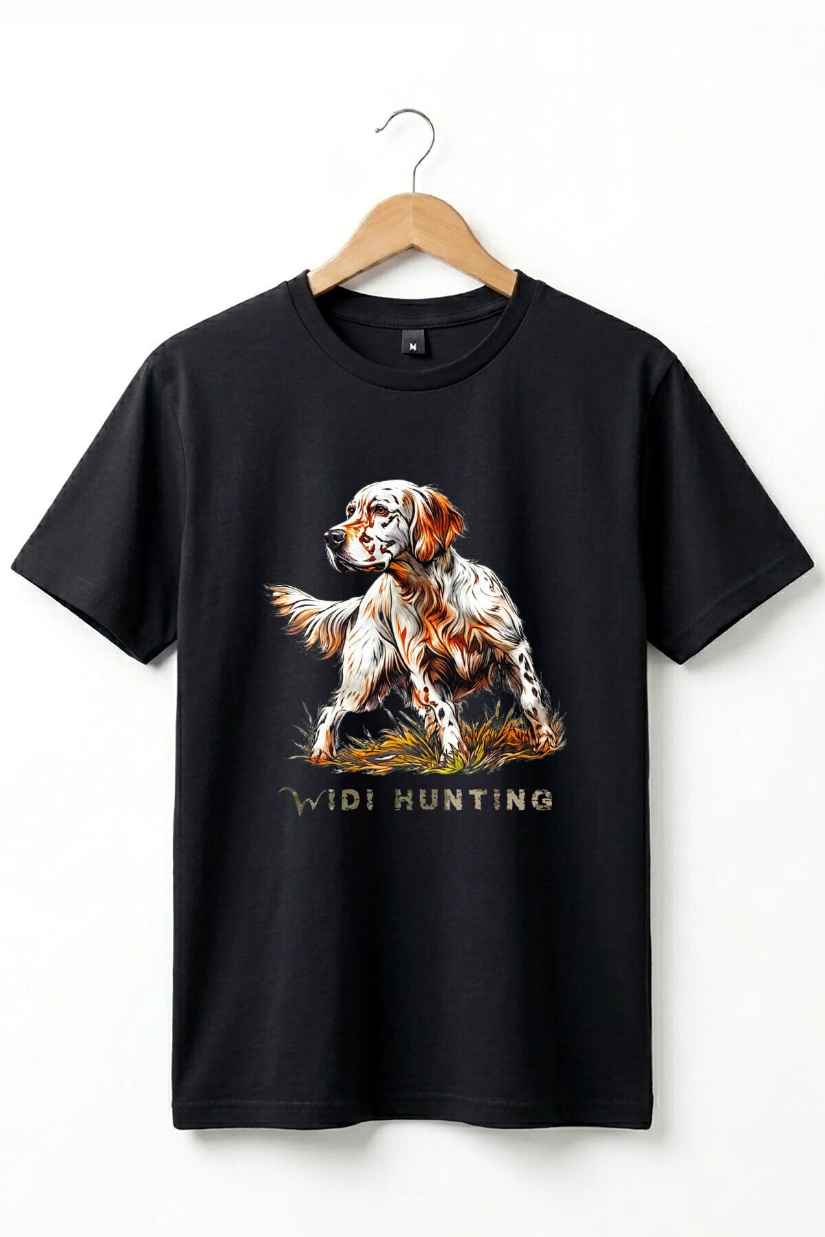 Unisex Hunting English Setter Köpek Baskılı Doğa Temalı Outdoor %100 Pamuk Basic T-Shirt Siyah - M