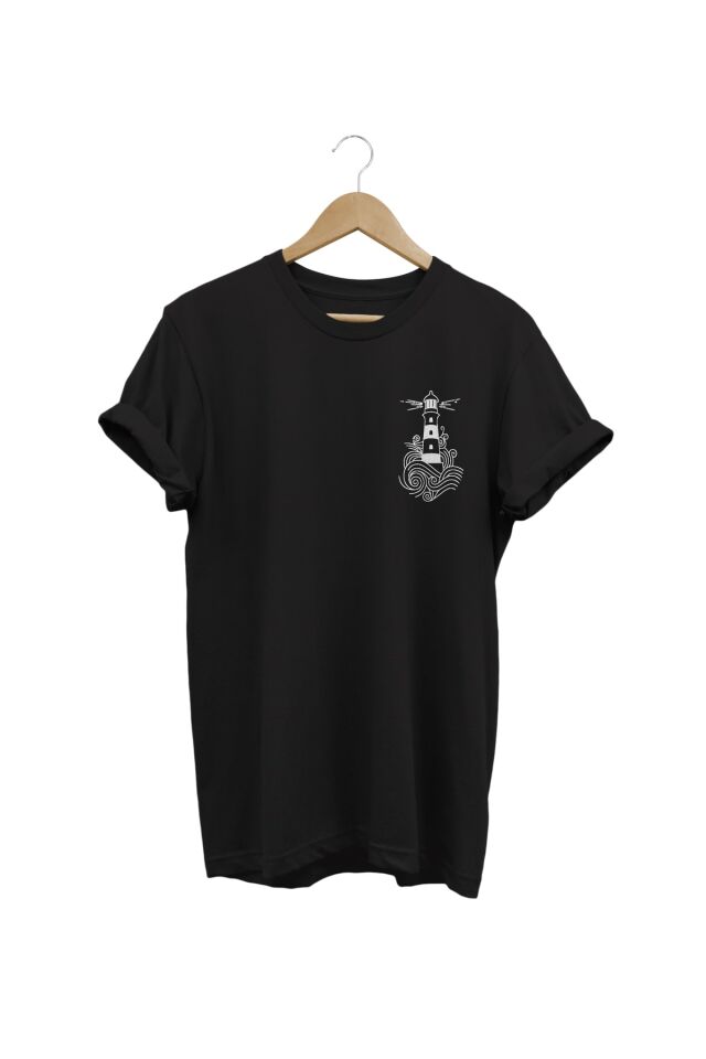 Deniz Feneri Baskılı Siyah T-shirt %100 Pamuk Dijital Baskılı Tişört