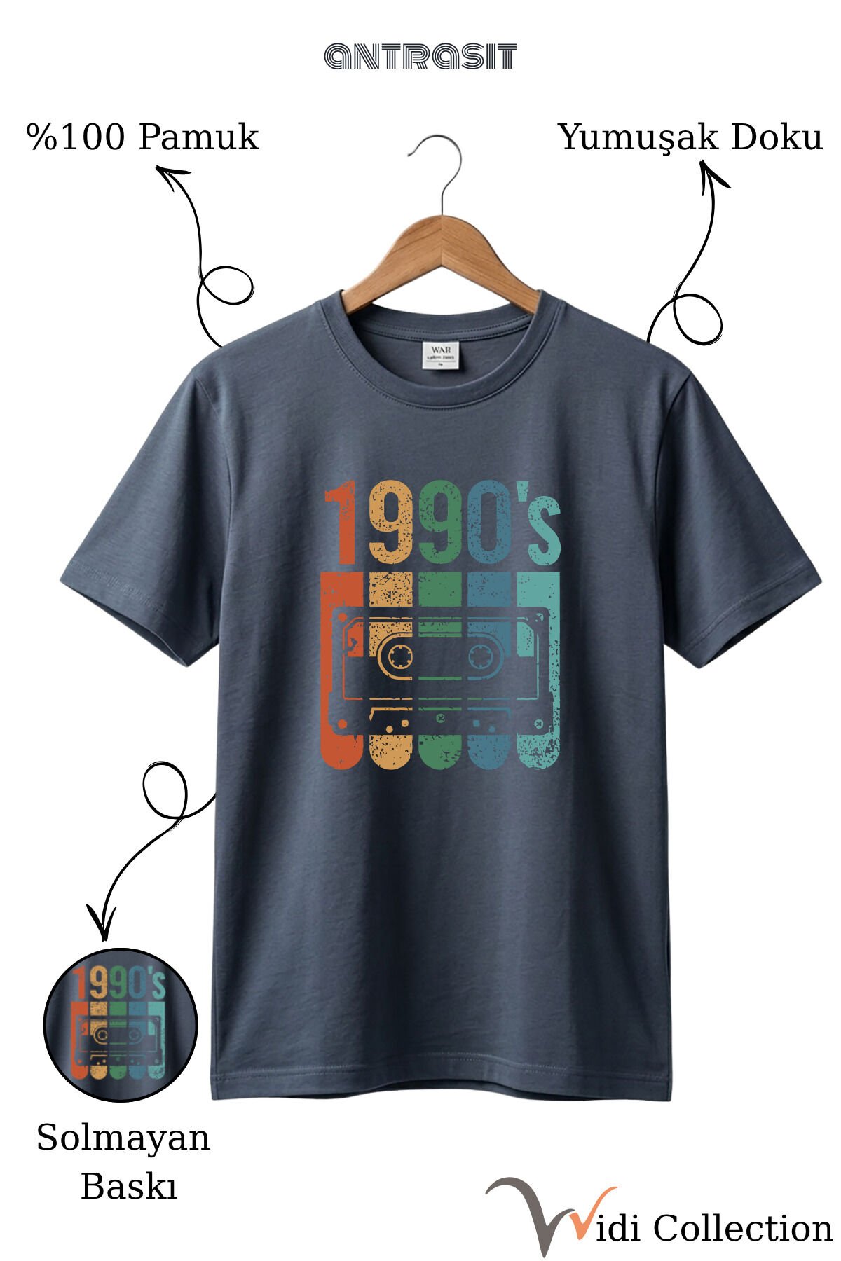 Vintage Retro 1990's Baskılı Kaset %100 Pamuk Regular Fit Bisiklet Yaka T-shirt Gri - S