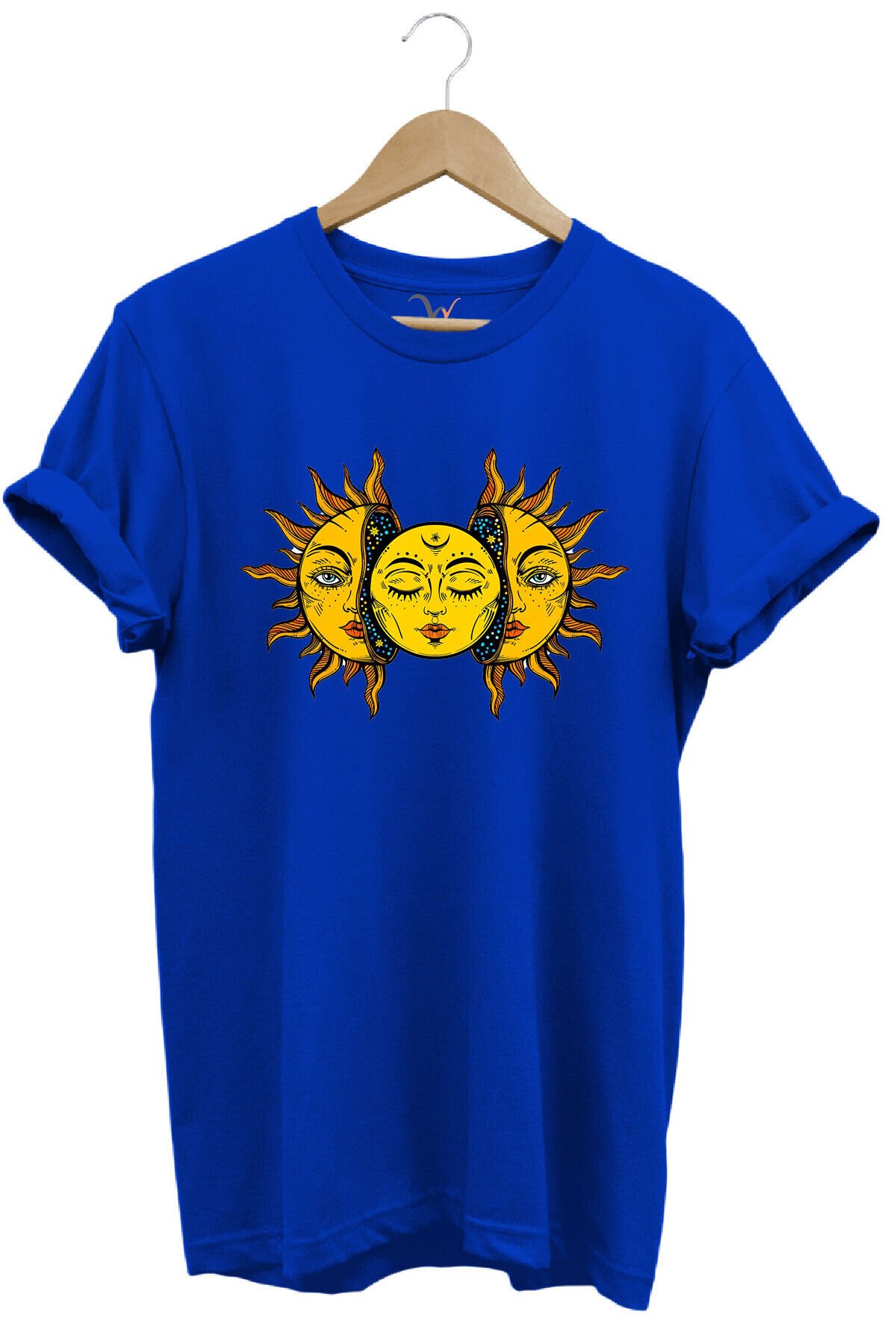 Güneş Baskılı %100 Pamuk Regular Fit Unisex T-Shirt Mavi - S