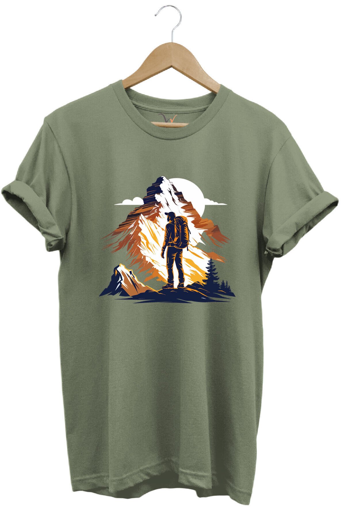 Mountain Dağ Yürüyüşü ve Kar Manzara Baskılı %100 Pamuk Unisex Regular Fit T-Shirt Haki - 2XL