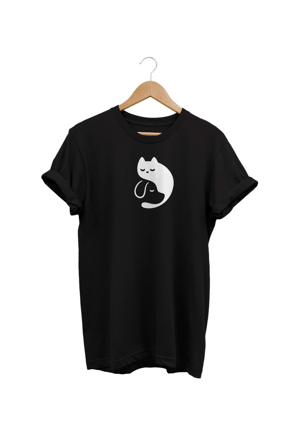 Kedi Köpek Baskılı Siyah T-shirt %100 Pamuk Dijital Baskılı Tişört
