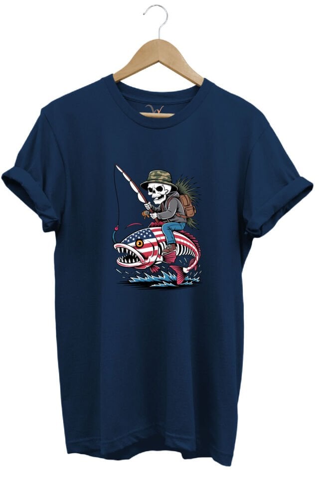 Fishing Balıkçılık Pirana ve İskelet Tasarım Baskılı %100 Pamuk Regular Fit T-Shirt Lacivert - 3XL