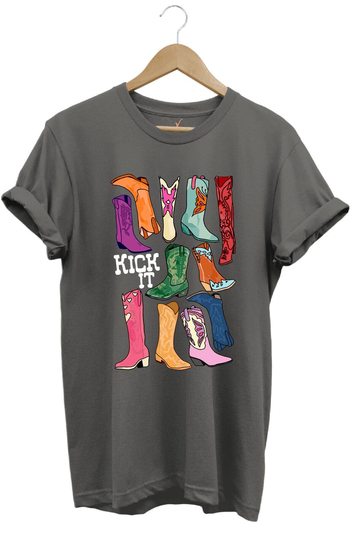 Unisex Cowgirl Kovboy Çizme Baskılı %100 Pamuk Regular Fit Bisiklet Yaka Turuncu T-shirt Gri - XL