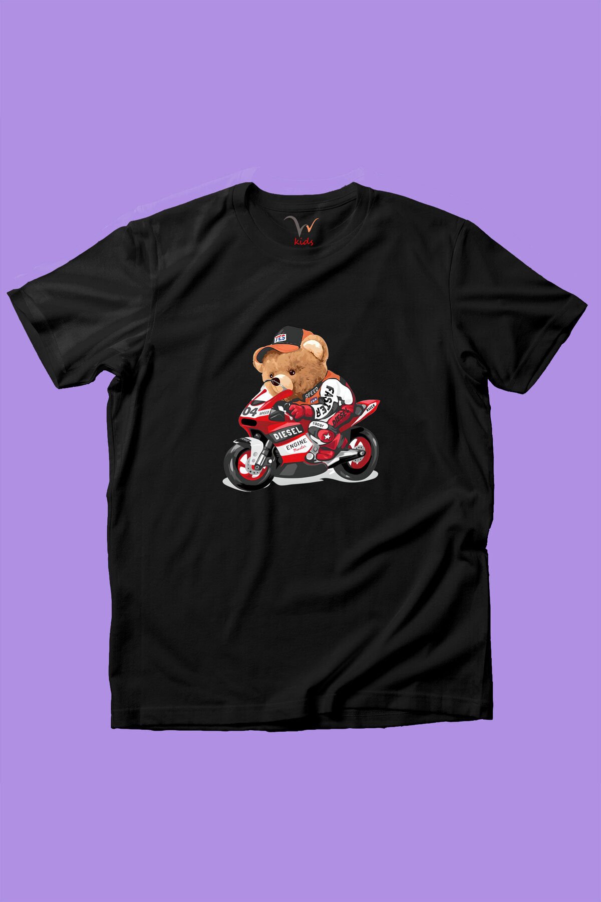 Sevimli Motorlu Ayıcık Tedy Baskılı %100 Pamuk Erkek Çocuk Kız Çocuk Beyaz T-shirt Siyah - 9-10 Yaş