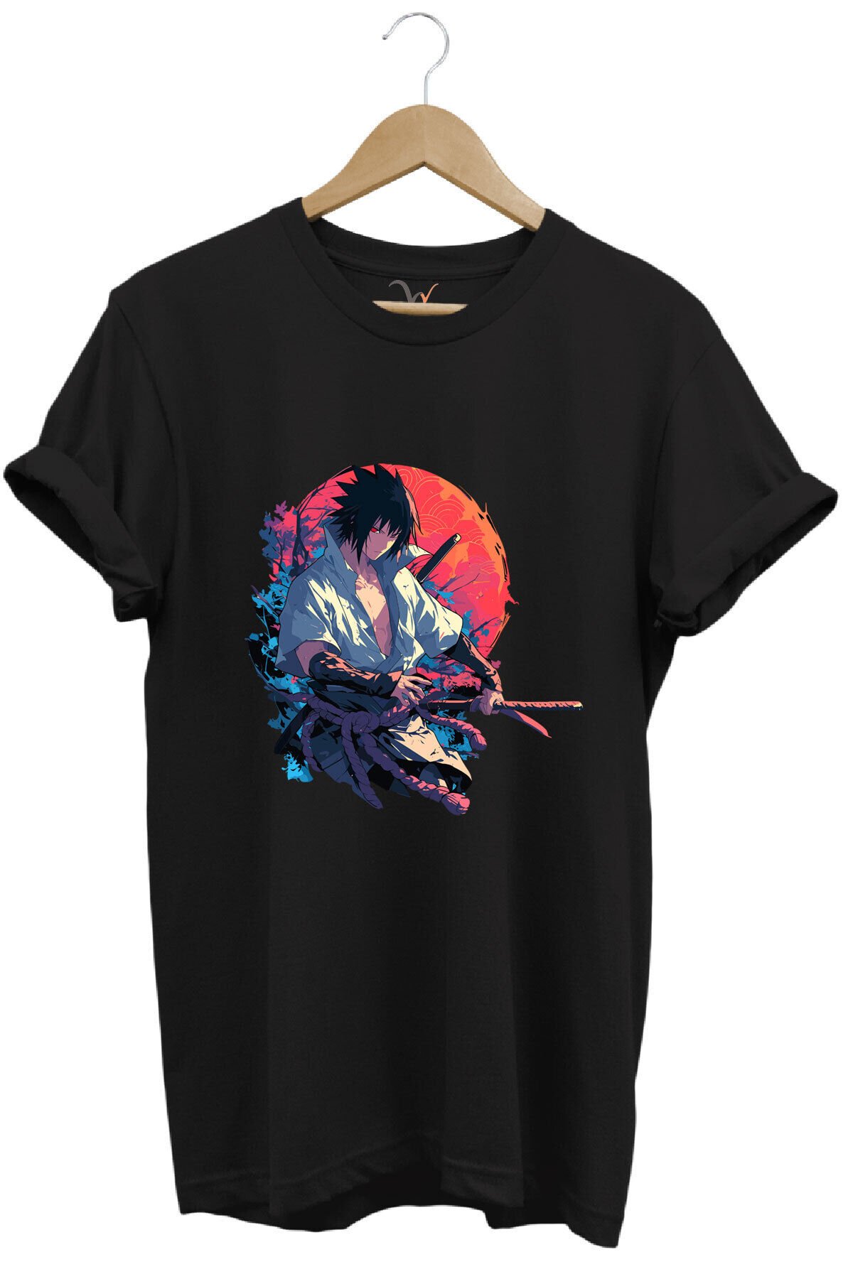 Unisex Anime Mangası Streetwear Baskılı Şık Tasarımlı %100 Pamuk Bisiklet Yaka Lacivert T-shirt Siyah - 5XL