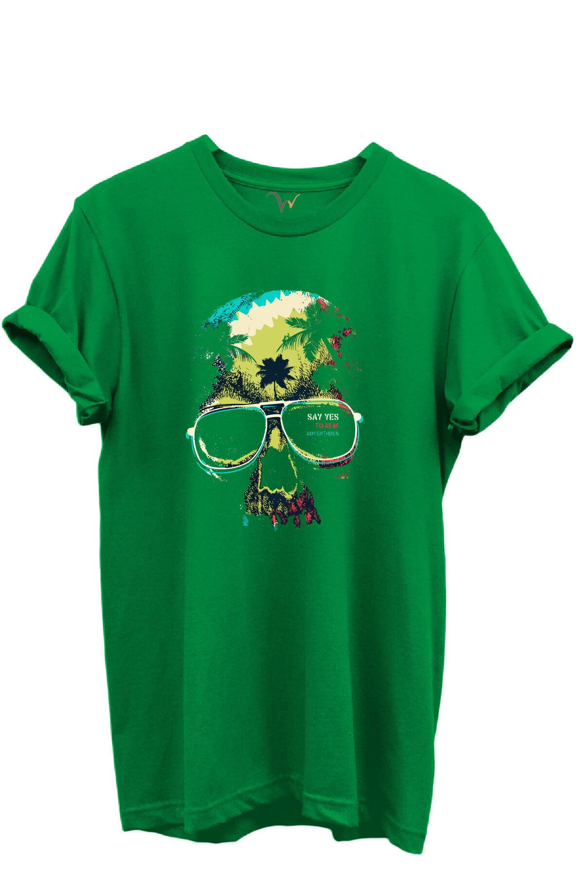 Kafatası ve Güneş Gözlüğü Baskılı Renkli Palmiye Temalı %100 Pamuk Unisex Regular Fit T-Shirt