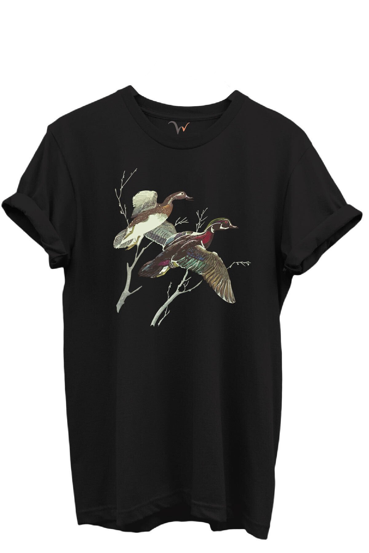 Uçan Yaban Ördekleri Çizim Baskılı %100 Pamuk Regular Fit Bisiklet Yaka Unisex T-shirt Siyah - L