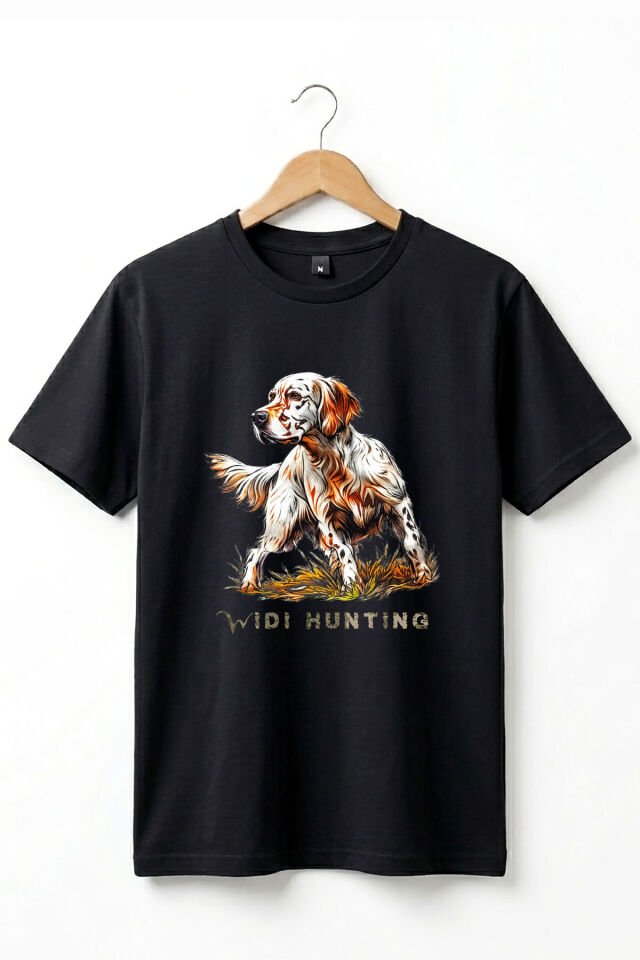 Unisex Hunting English Setter Köpek Baskılı Doğa Temalı Outdoor %100 Pamuk Basic T-Shirt Siyah - S
