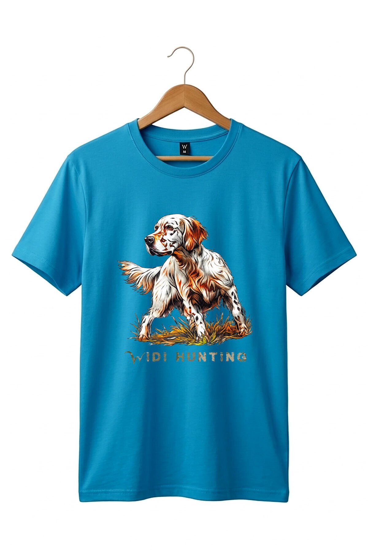 Unisex Hunting English Setter Köpek Baskılı Doğa Temalı Outdoor %100 Pamuk Basic T-Shirt Turkuaz - M