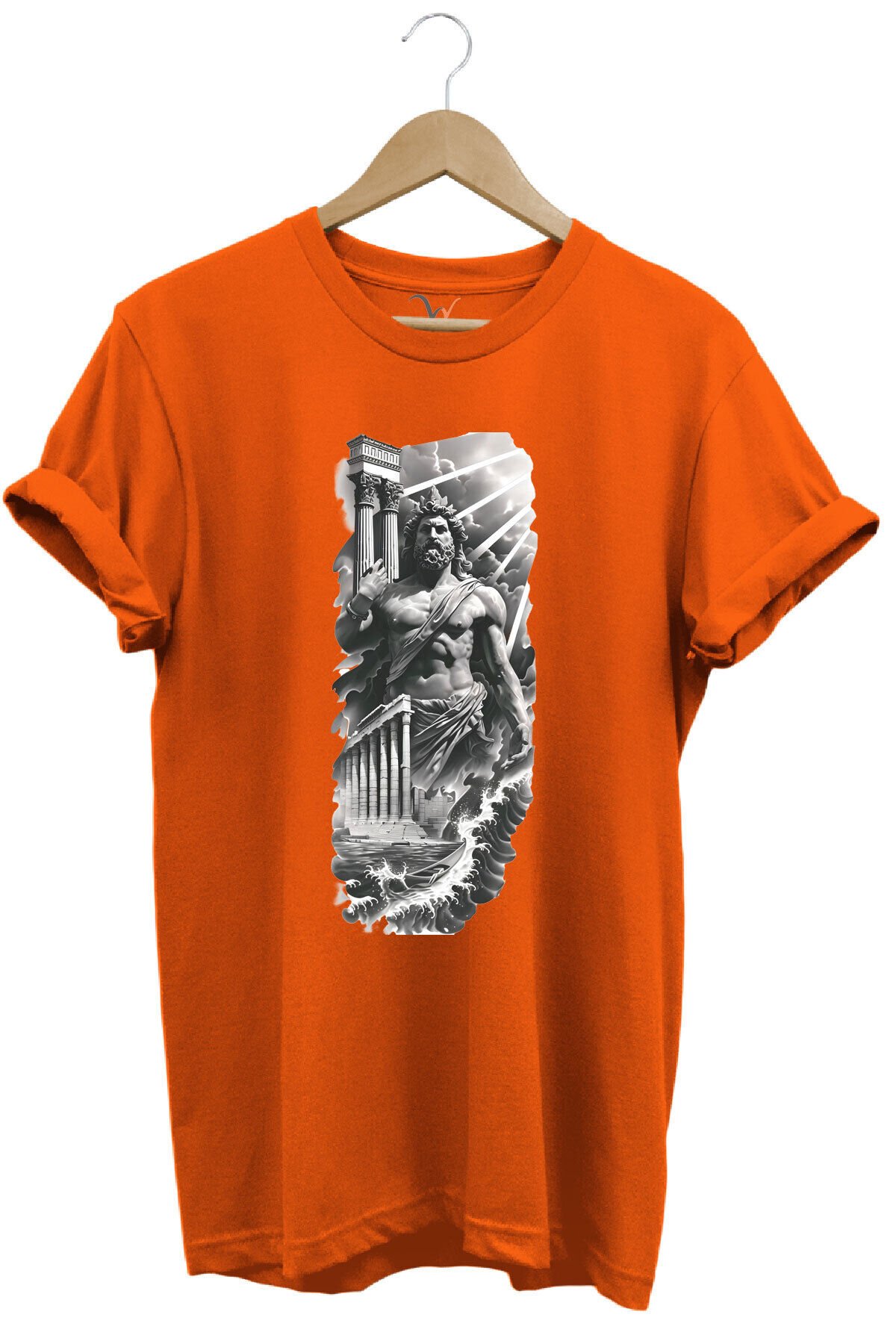 Yunan Mitolojisi Parthenon Zeus Baskılı Minimal Regular Fit %100 Pamuk Turuncu T-shirt