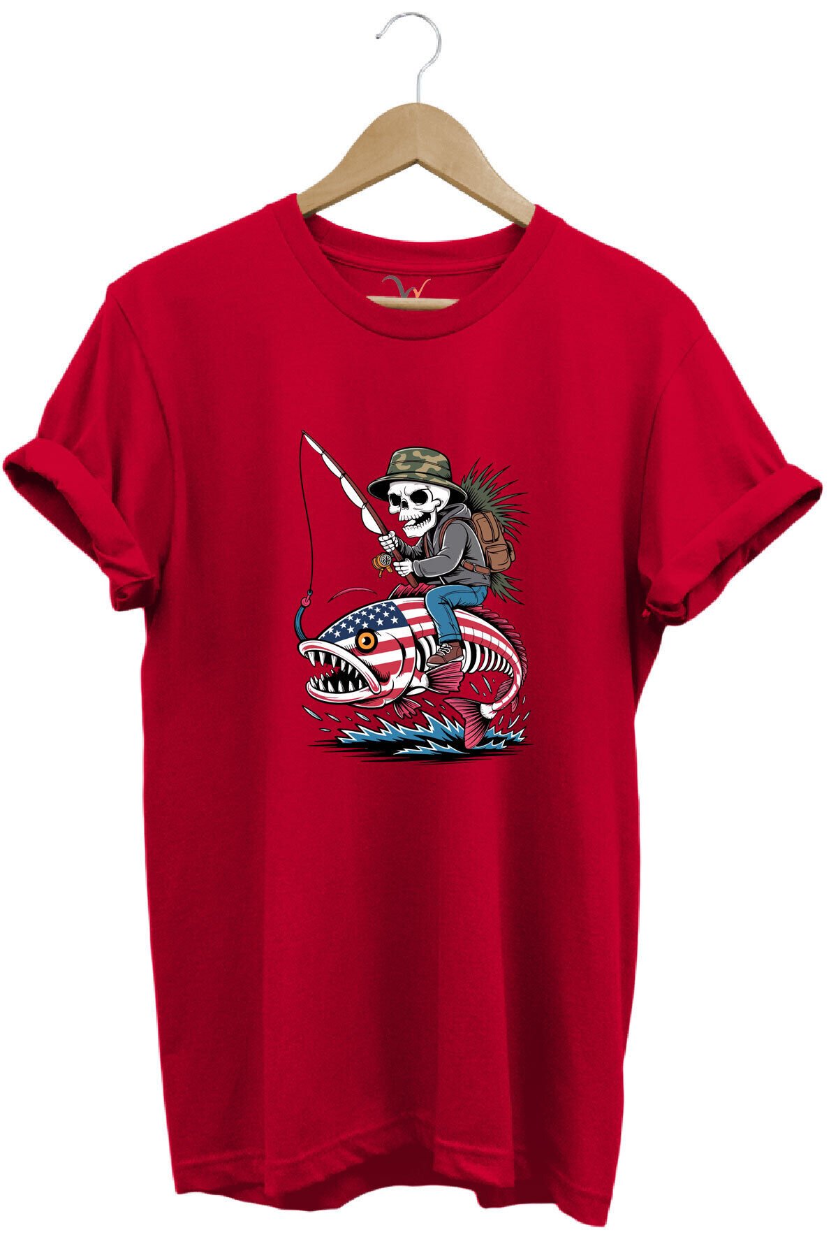Fishing Balıkçılık Pirana ve İskelet Tasarım Baskılı %100 Pamuk Regular Fit T-Shirt Kırmızı - 2XL