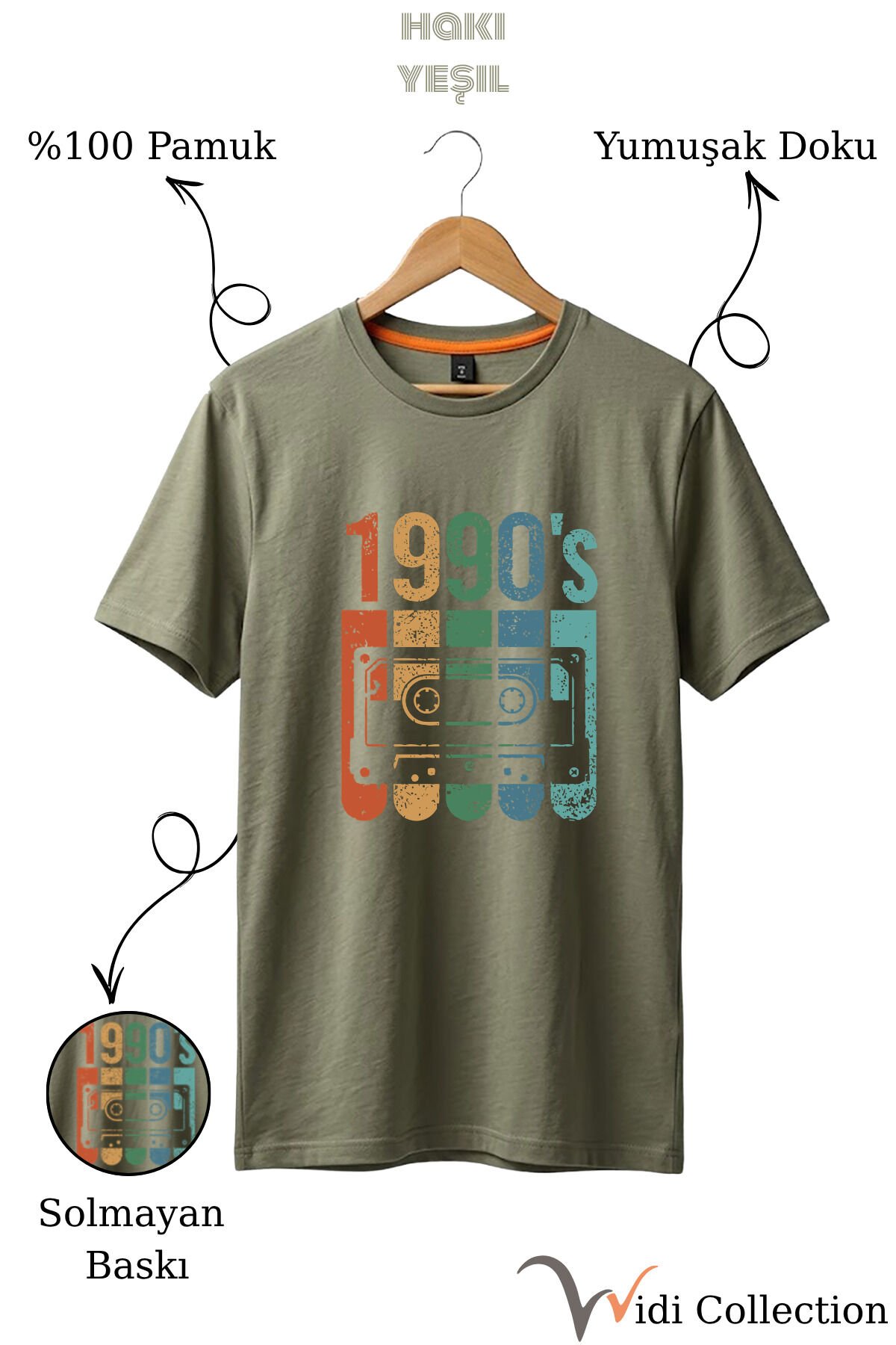 Vintage Retro 1990's Baskılı Kaset %100 Pamuk Regular Fit Bisiklet Yaka T-shirt Haki - 2XL