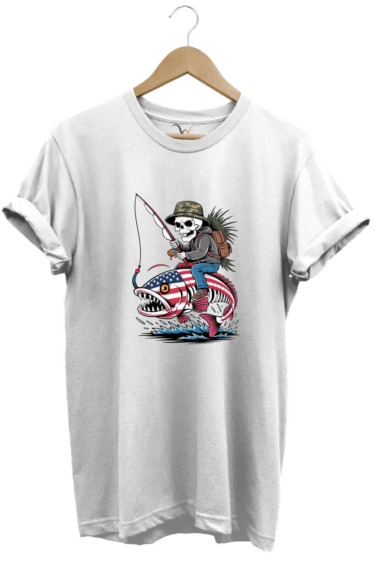 Fishing Balıkçılık Pirana ve İskelet Tasarım Baskılı %100 Pamuk Regular Fit T-Shirt Beyaz - M