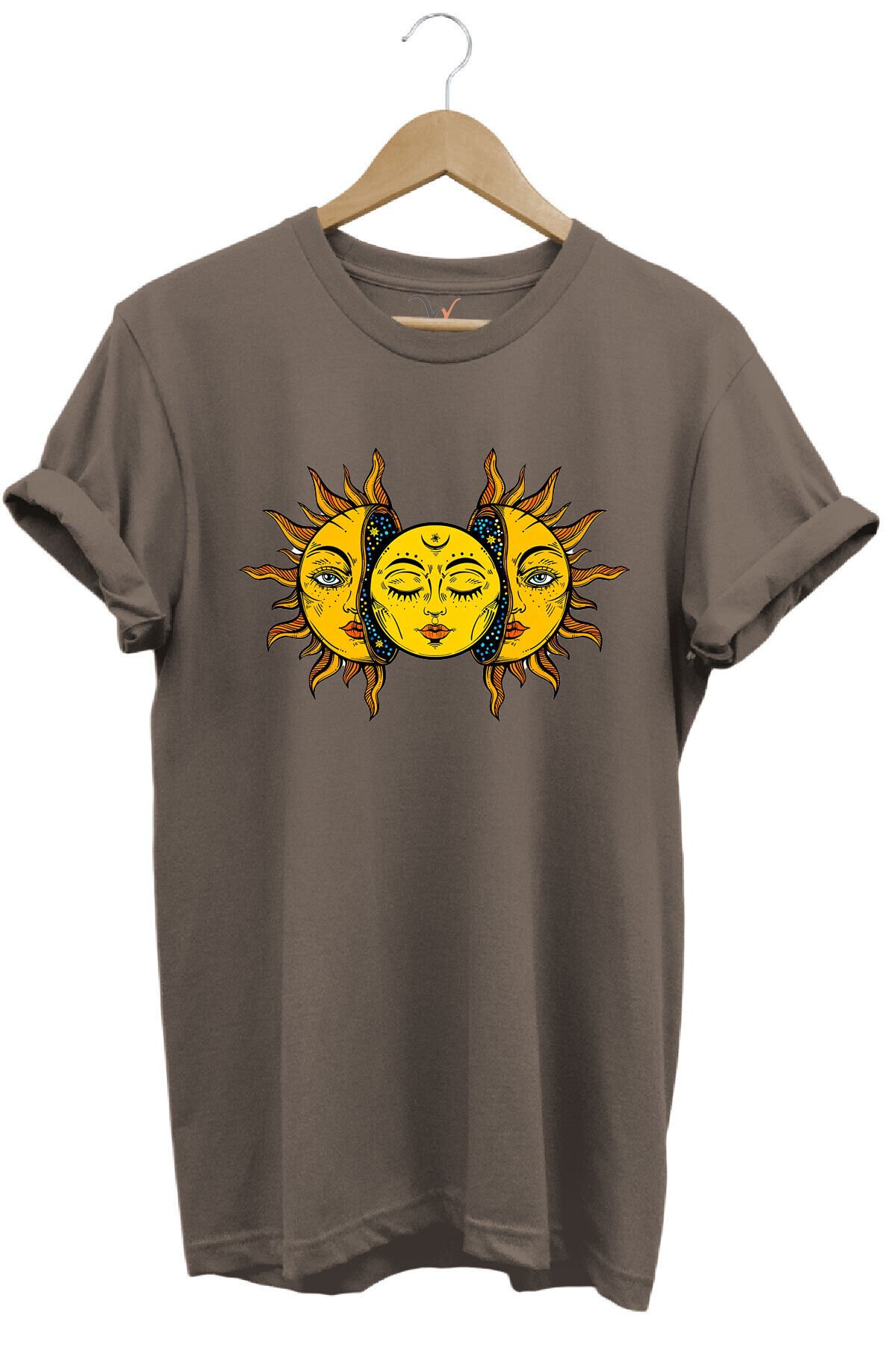 Güneş Baskılı %100 Pamuk Regular Fit Unisex T-Shirt Kahverengi - 3XL
