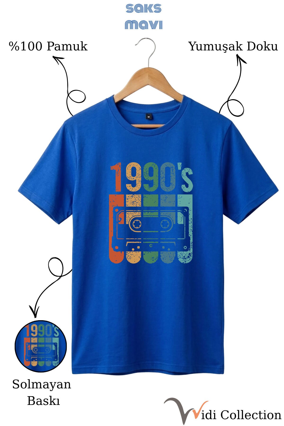 Vintage Retro 1990's Baskılı Kaset %100 Pamuk Regular Fit Bisiklet Yaka T-shirt Mavi - M
