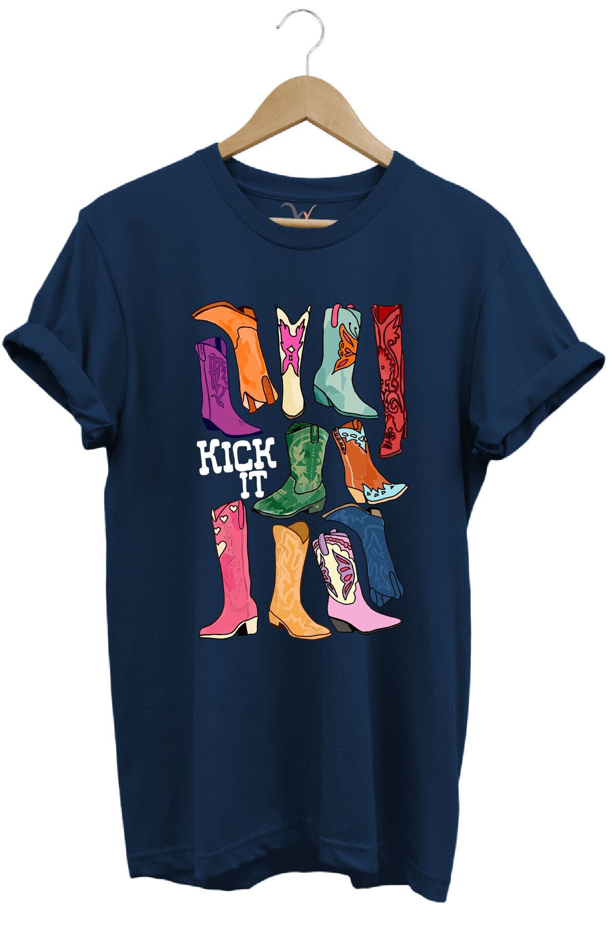 Unisex Cowgirl Kovboy Çizme Baskılı %100 Pamuk Regular Fit Bisiklet Yaka Turuncu T-shirt Lacivert - XL