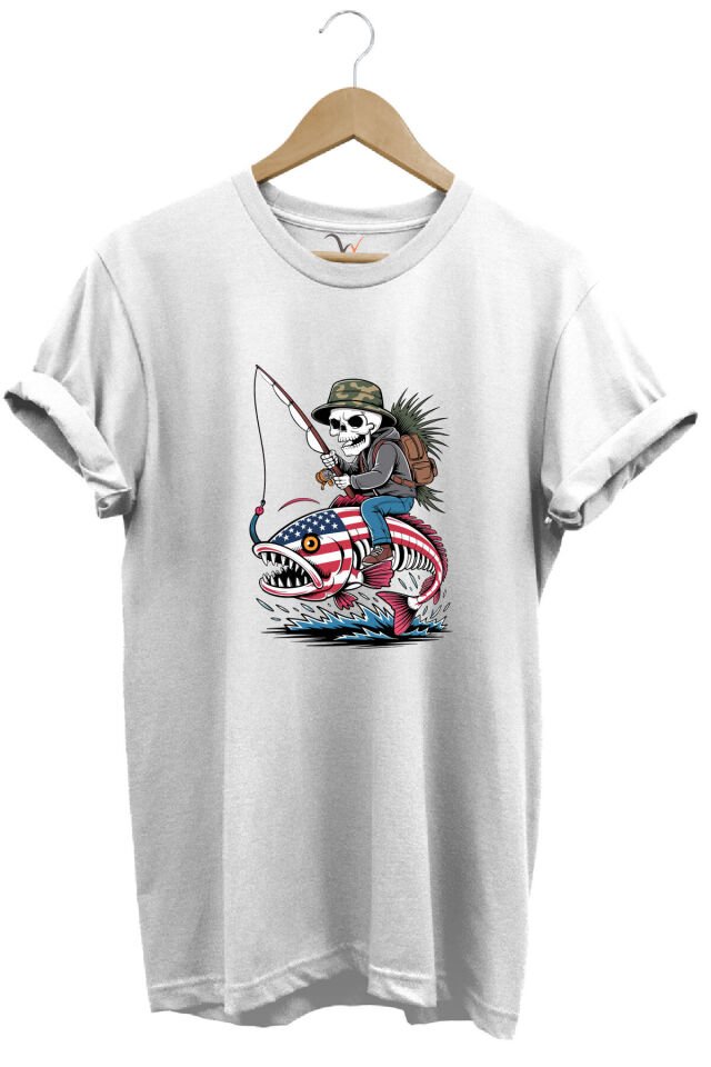 Fishing Balıkçılık Pirana ve İskelet Tasarım Baskılı %100 Pamuk Regular Fit T-Shirt Beyaz - L