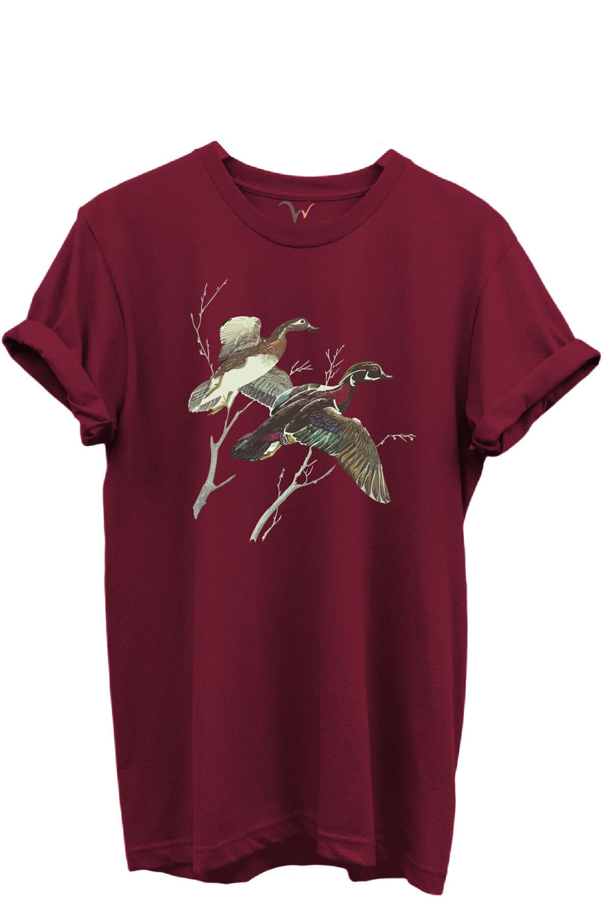 Uçan Yaban Ördekleri Çizim Baskılı %100 Pamuk Regular Fit Bisiklet Yaka Unisex T-shirt Bordo - XL
