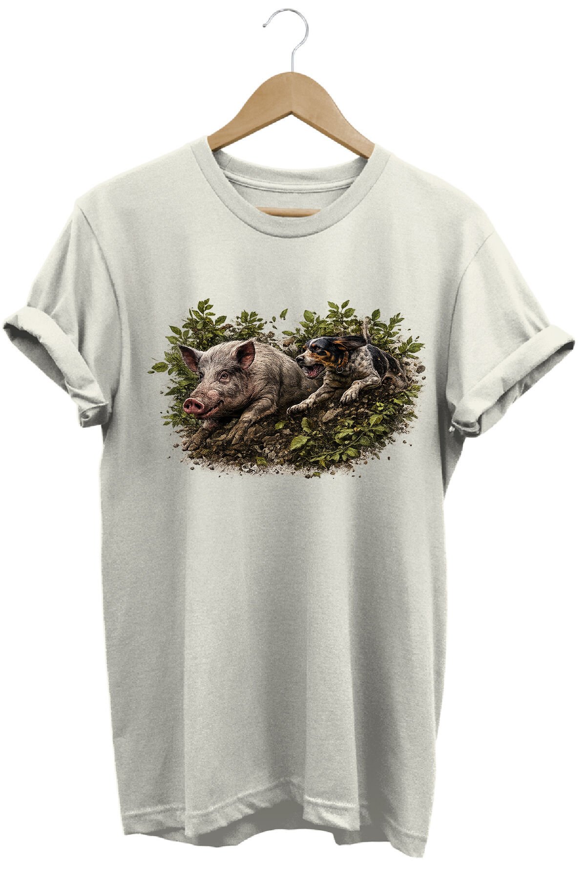 Yaban Domuzu ve İz Sürücü Köpek Baskılı Arazi Tişörtü Outdoor Giyim Ekru - 2XL