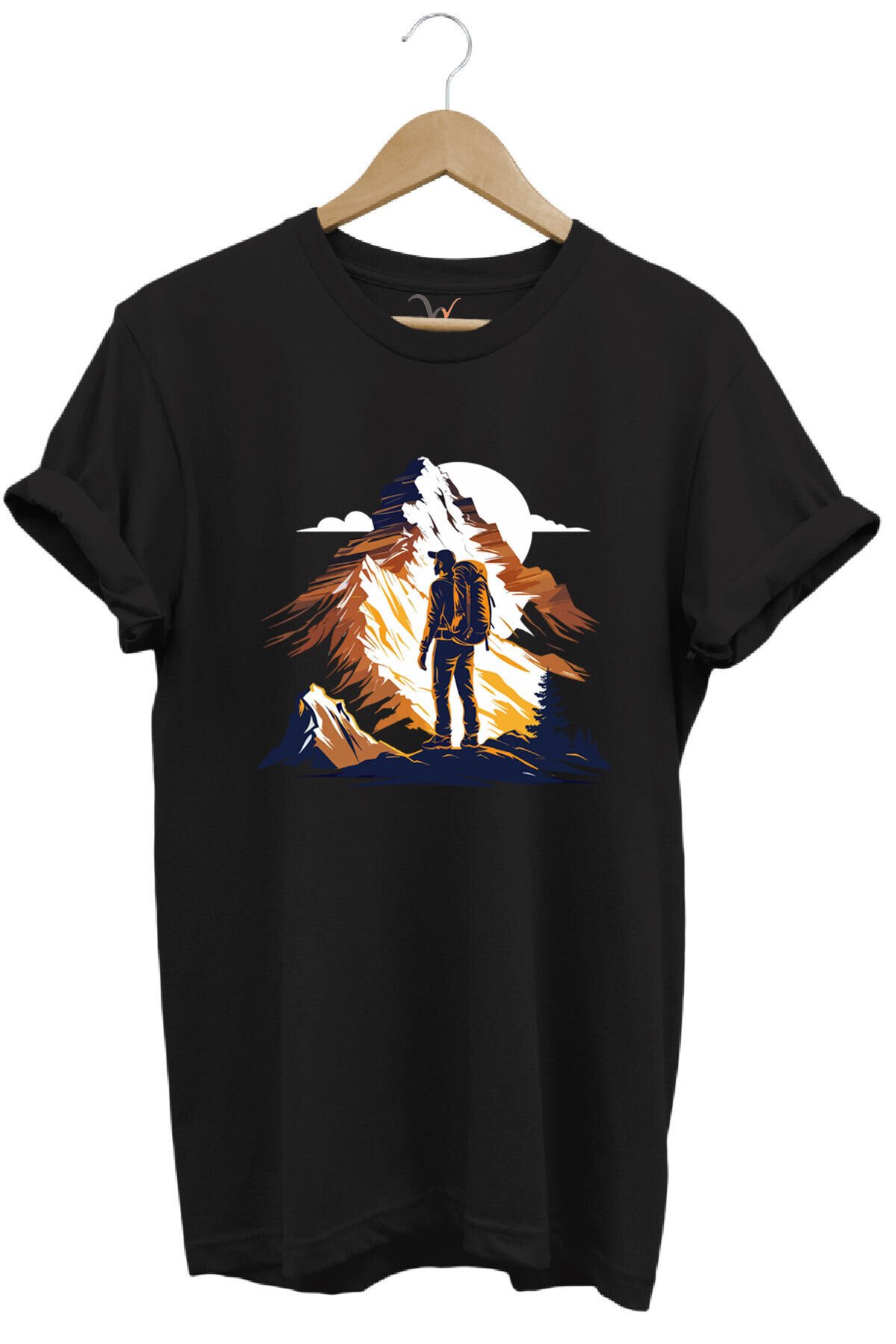 Mountain Dağ Yürüyüşü ve Kar Manzara Baskılı %100 Pamuk Unisex Regular Fit T-Shirt Siyah - 4XL