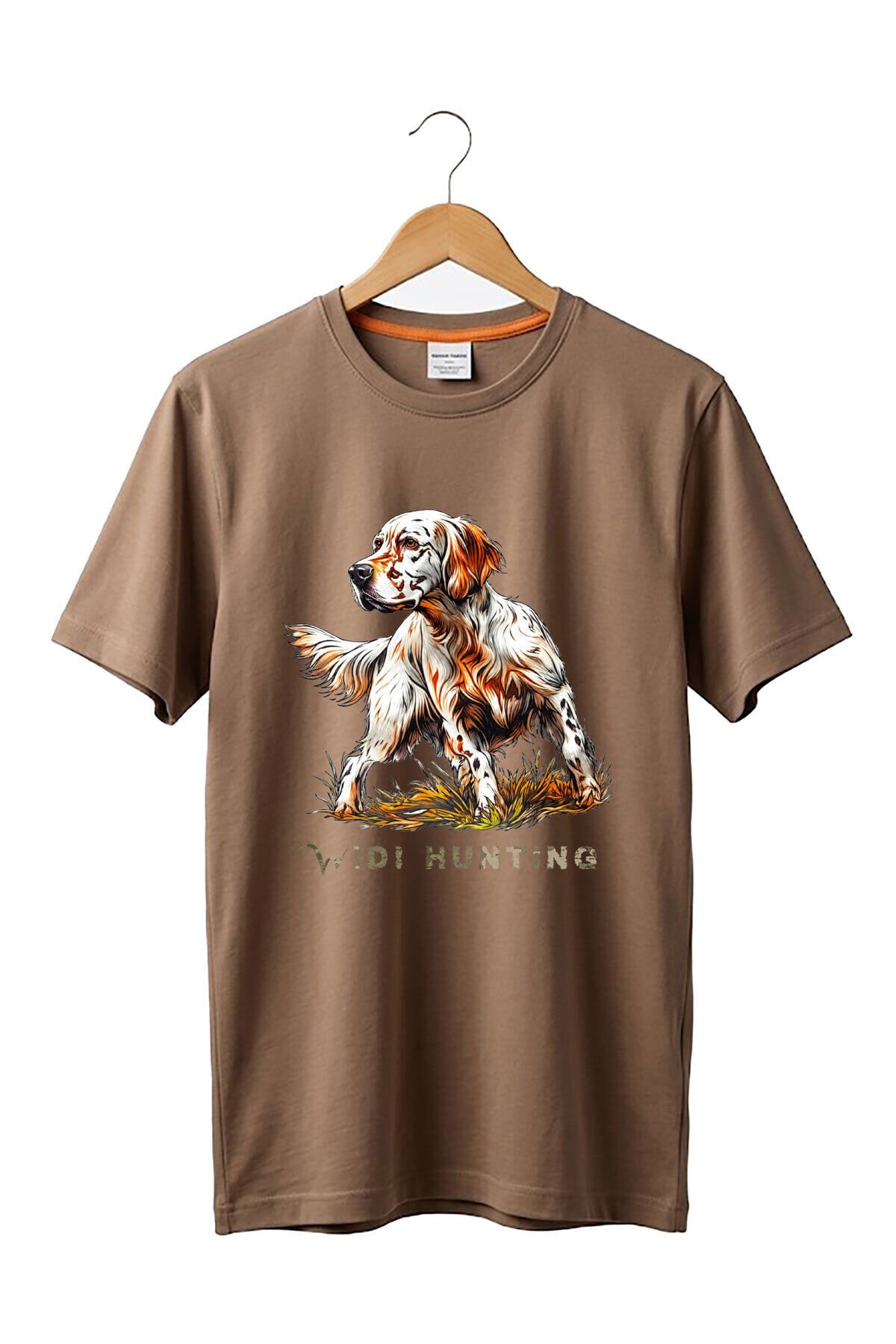 Unisex Hunting English Setter Köpek Baskılı Doğa Temalı Outdoor %100 Pamuk Basic T-Shirt Açık Kahverengi - XL