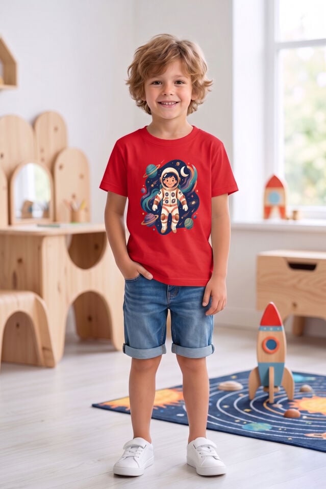 Erkek Çocuk Siyah Astronot Baskılı Tişört - Uzay ve Gezegen Temalı T-Shirt