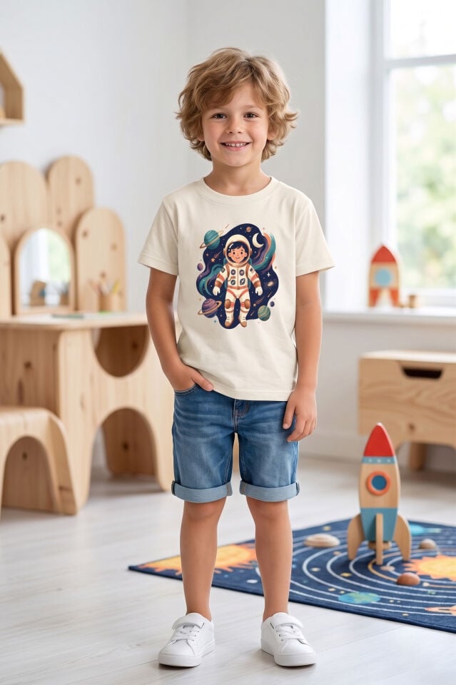 Erkek Çocuk Siyah Astronot Baskılı Tişört - Uzay ve Gezegen Temalı T-Shirt