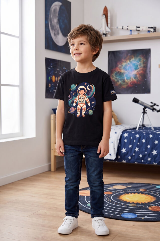 Erkek Çocuk Siyah Astronot Baskılı Tişört - Uzay ve Gezegen Temalı T-Shirt