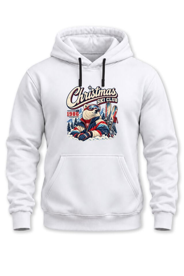 Unisex Yılbaşı Temalı Christmas Ski Club 1986 Kutup Ayısı Baskılı Kapüşonlu Sweatshirt Hoodie