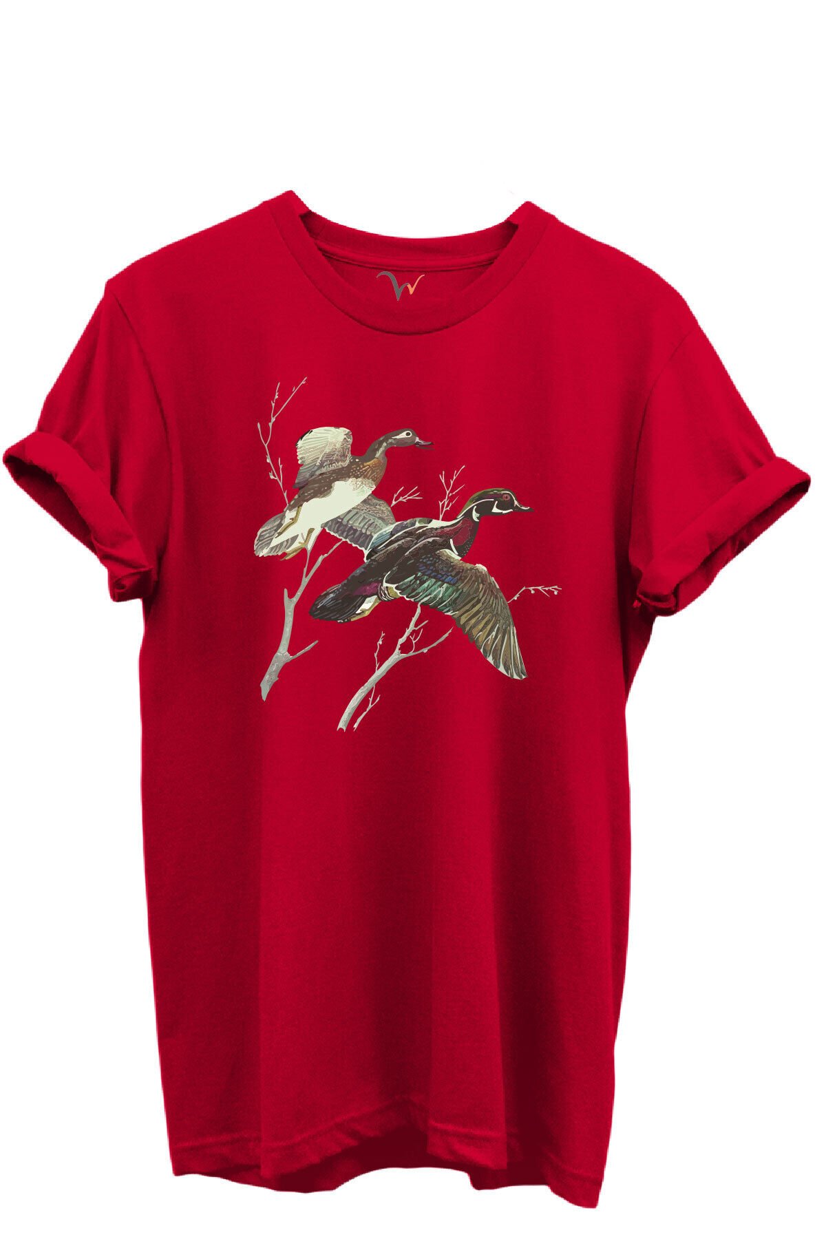 Uçan Yaban Ördekleri Çizim Baskılı %100 Pamuk Regular Fit Bisiklet Yaka Unisex T-shirt Kırmızı - 3XL