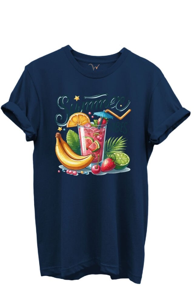 Summer Vibes Yazılı Meyve Kokteyli ve Tropik Desenli %100 Pamuk Regular Fit Unisex T-Shirt