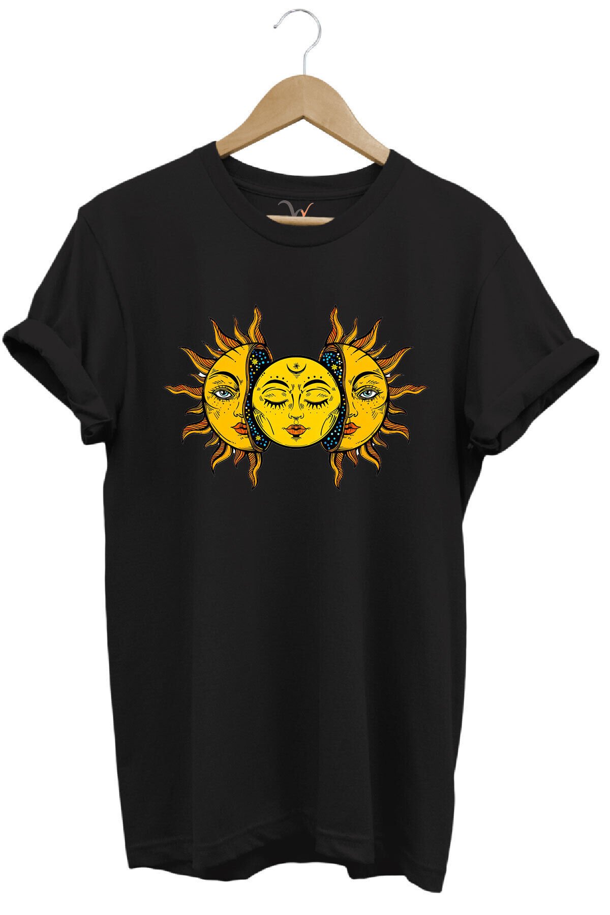 Güneş Baskılı %100 Pamuk Regular Fit Unisex T-Shirt Siyah - 5XL