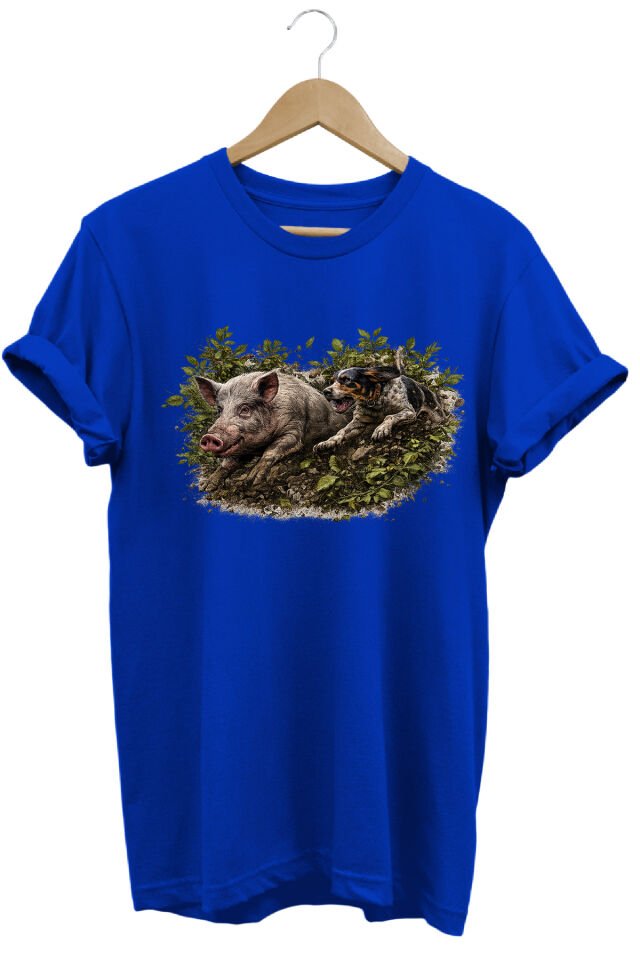 Yaban Domuzu ve İz Sürücü Köpek Baskılı Arazi Tişörtü Outdoor Giyim Saks Mavi - 2XL