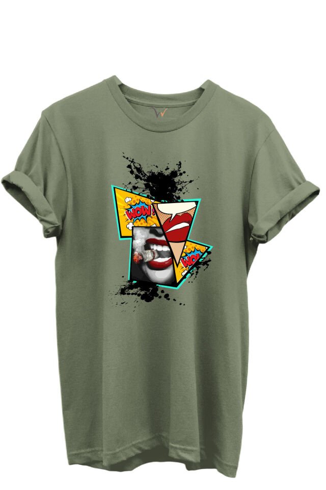 Pop Art Dudak ve Çizgi Roman Baskılı WOW Temalı %100 Pamuk Regular Fit Unisex T-Shirt Haki - M