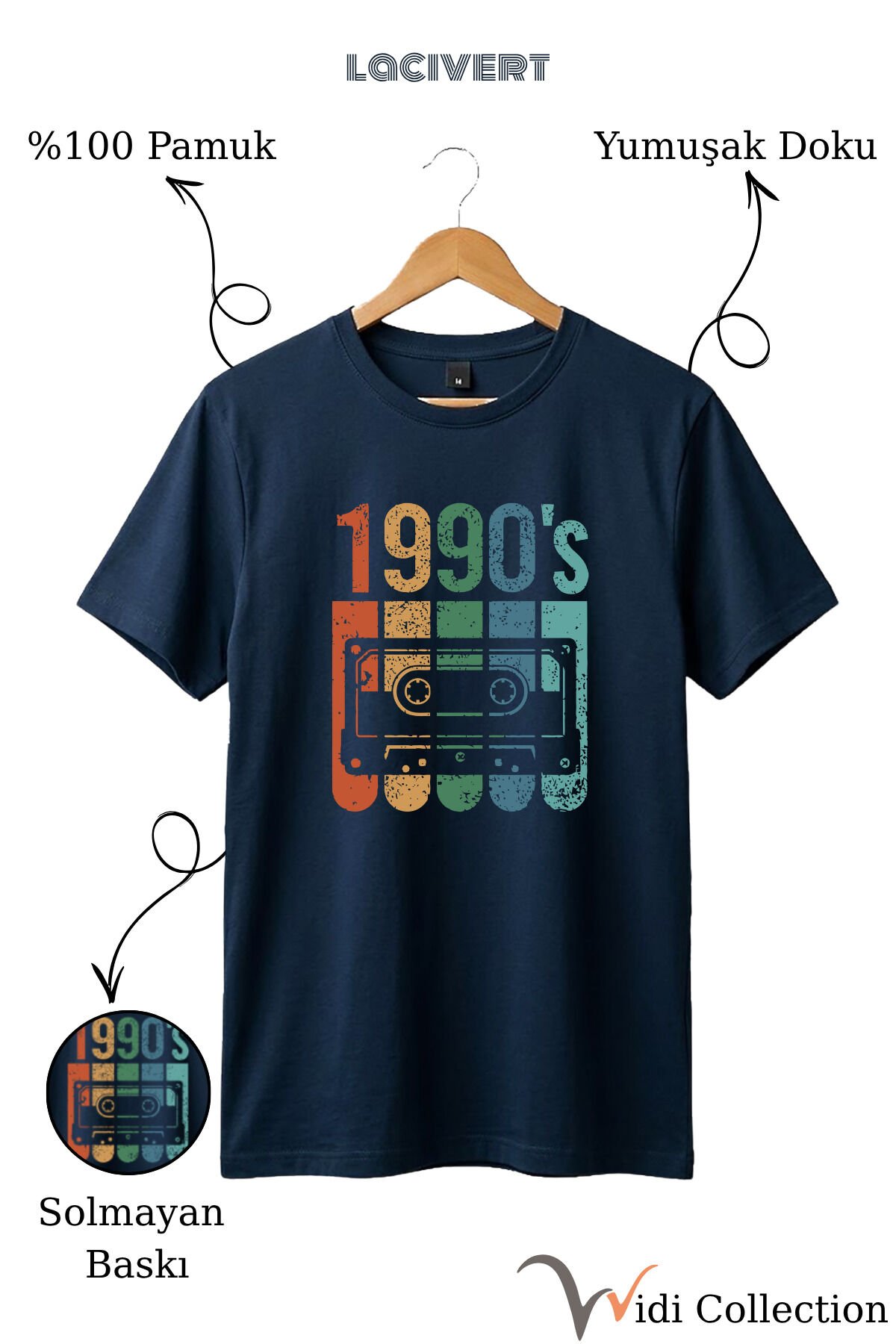 Vintage Retro 1990's Baskılı Kaset %100 Pamuk Regular Fit Bisiklet Yaka T-shirt Lacivert - S