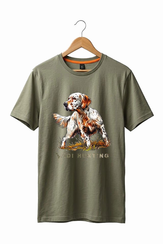 Unisex Hunting English Setter Köpek Baskılı Doğa Temalı Outdoor %100 Pamuk Basic T-Shirt Haki - L