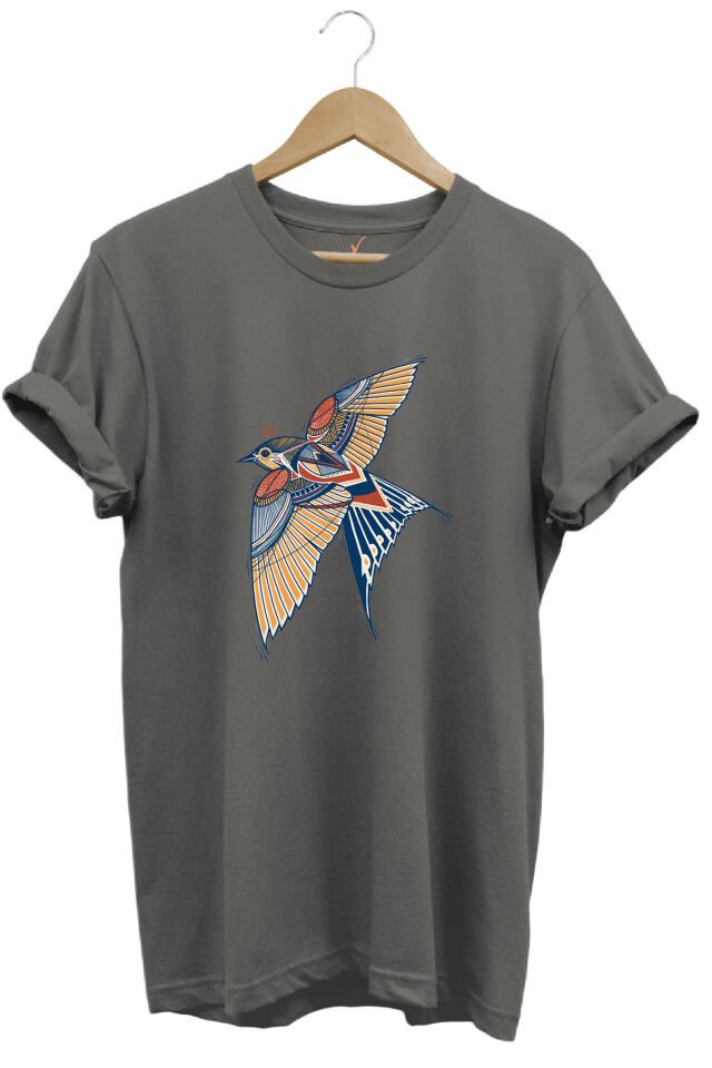 Kırlangıç Kuşu Dekoratif Baskılı %100 Pamuk Regular Fit Unisex T-Shirt Gri - M