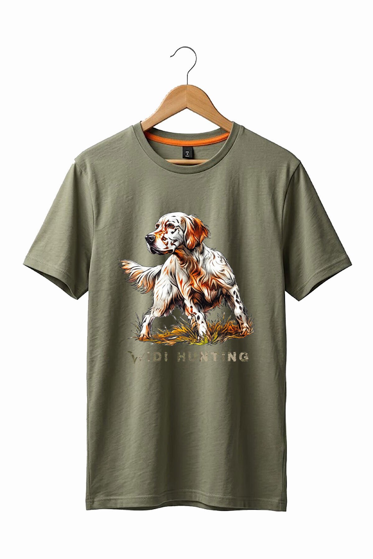 Unisex Hunting English Setter Köpek Baskılı Doğa Temalı Outdoor %100 Pamuk Basic T-Shirt Haki - 2XL
