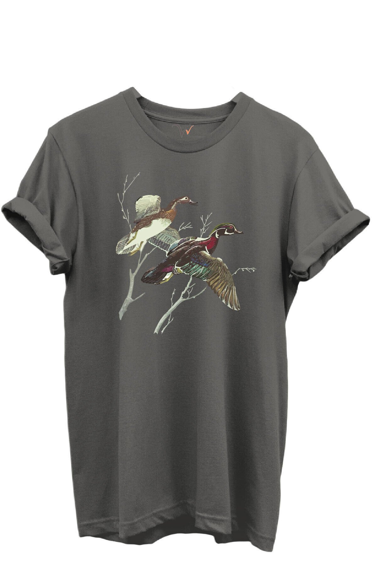 Uçan Yaban Ördekleri Çizim Baskılı %100 Pamuk Regular Fit Bisiklet Yaka Unisex T-shirt Antrasit Gri - 2XL