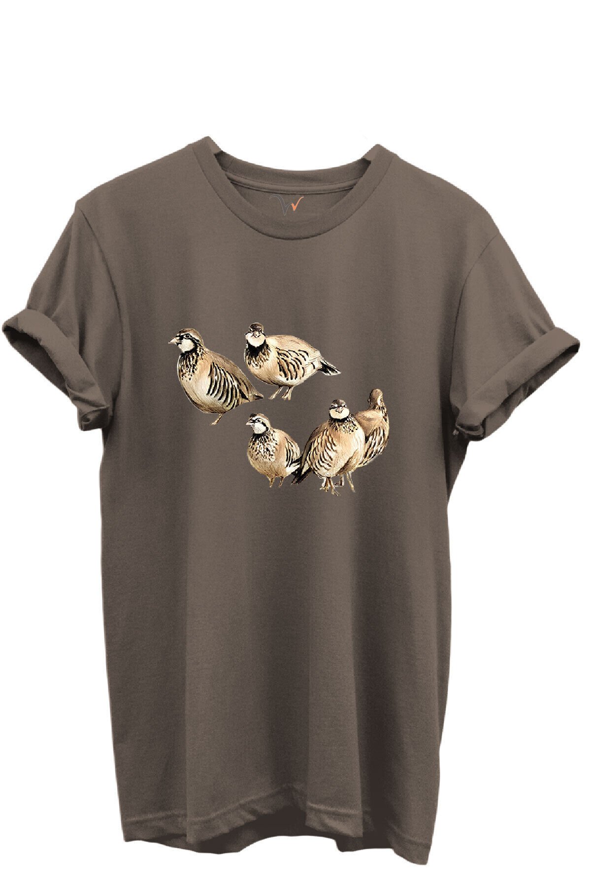 Beşli Keklik Baskılı Doğa ve Av Temalı %100 Pamuk Regular Fit Unisex T-Shirt Kahverengi - XL