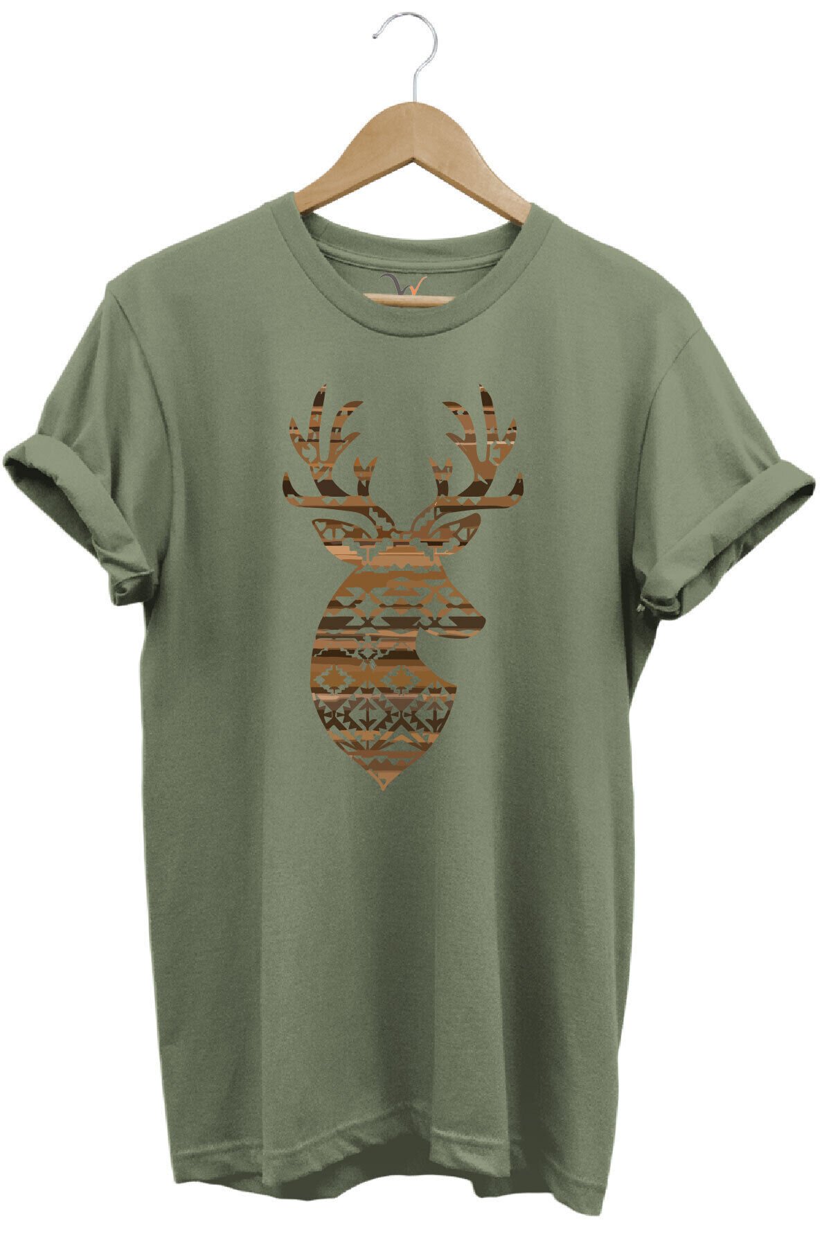 Avcılık Mozaik Desenli Geyik Tasarım Baskılı %100 Pamuk Regular Fit Bisiklet Yaka Premium T-Shirt Haki - XL