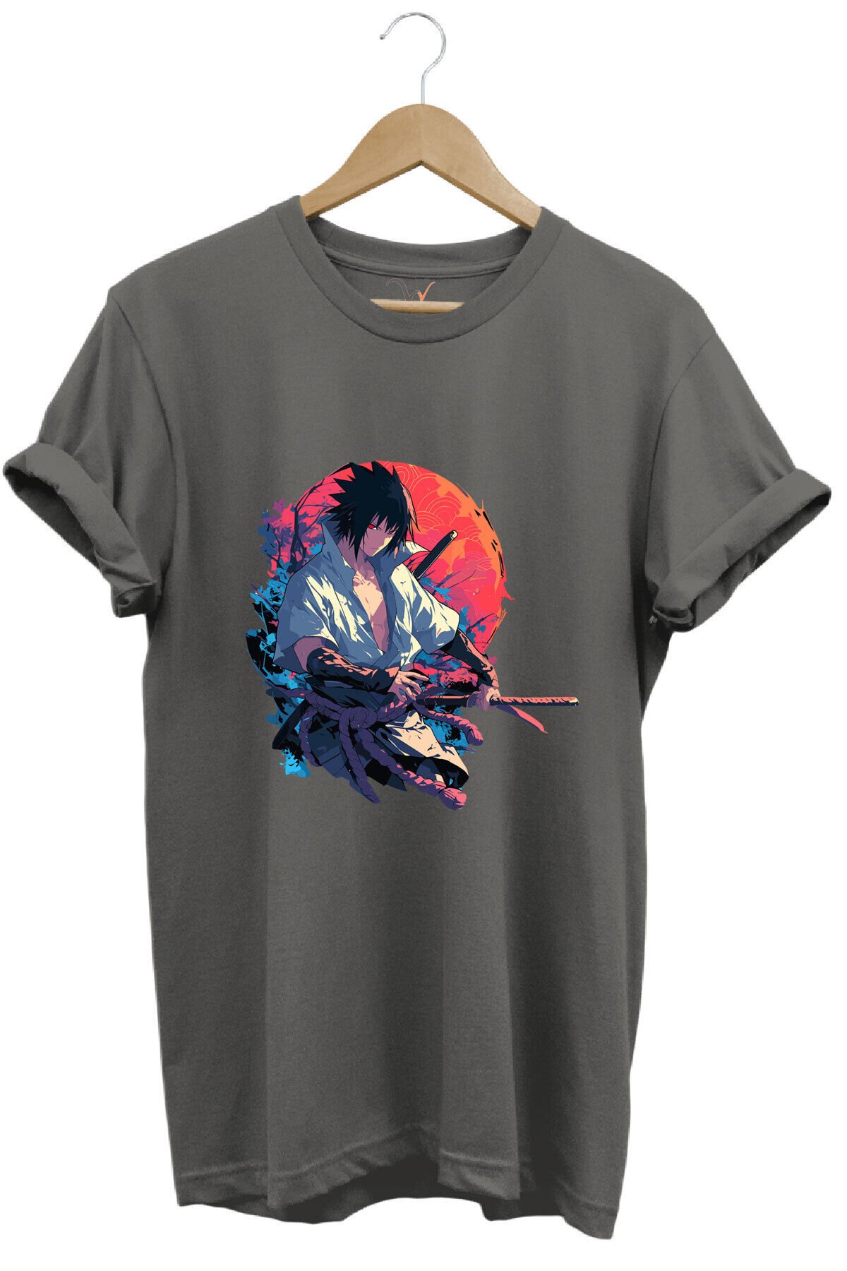 Unisex Anime Mangası Streetwear Baskılı Şık Tasarımlı %100 Pamuk Bisiklet Yaka Lacivert T-shirt Gri - L