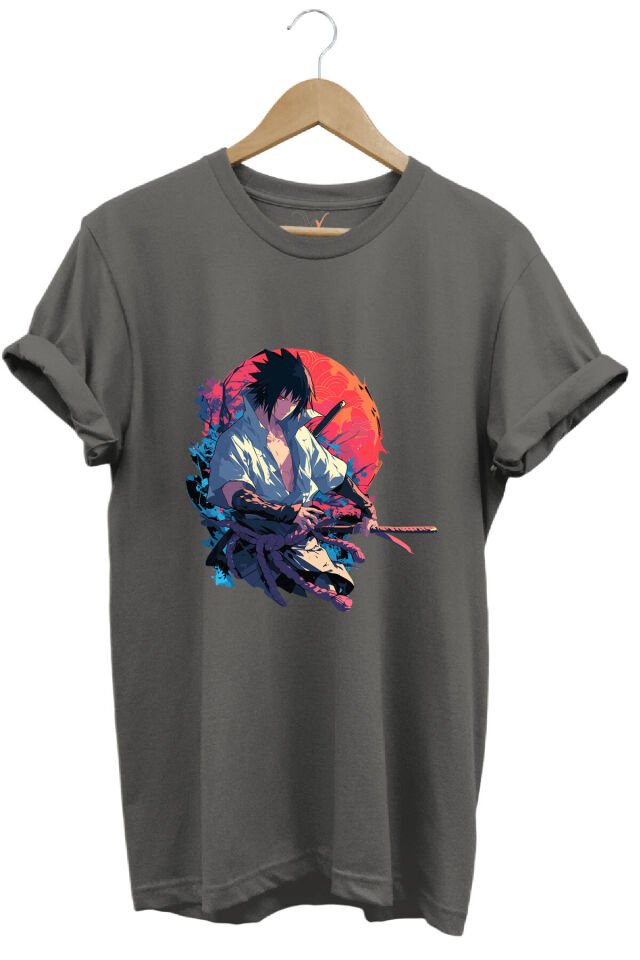 Unisex Anime Mangası Streetwear Baskılı Şık Tasarımlı %100 Pamuk Bisiklet Yaka Lacivert T-shirt Gri - L
